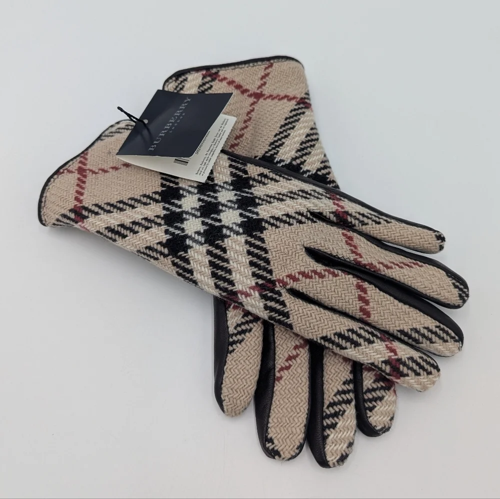 Burberry Lambswool Leather Gloves Black 7.5 Authentic Winter Luxury Women's NWT